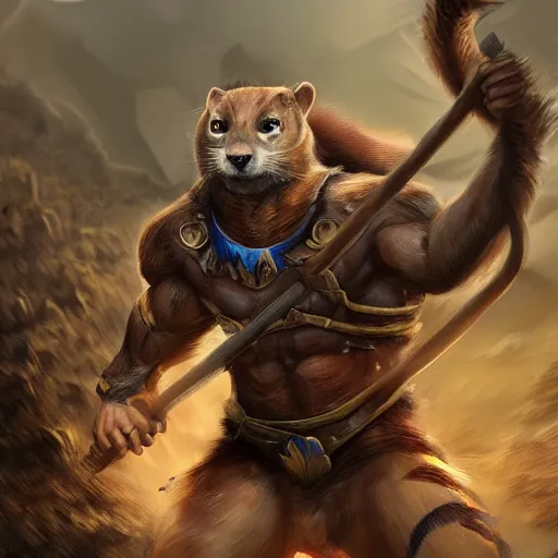 Prompt: a strong muscular valiant weasel wearing a fantasy ranger outfit, fighting against the invading mice, concept art, artstation, 4k