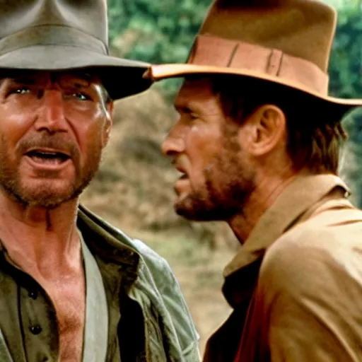 Image similar to film still of Roger Daltry talking with Indiana Jones.