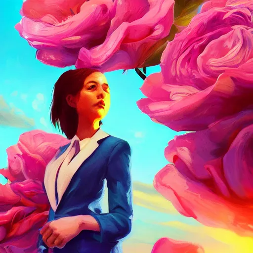 Image similar to closeup, giant rose flower head, frontal, girl in a suit, surreal photography, sunrise, blue sky, dramatic light, impressionist painting, digital painting, artstation, simon stalenhag