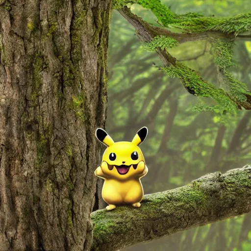 Prompt: a hyper realistic Pikachu on a tree branch in a dense forest, nature photography