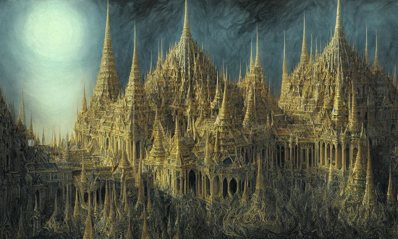 Prompt: A Spectacular View of the Grand Palace of a King of Hell, art by Gustav Dorê and Marc Simonetti and Alan Lee