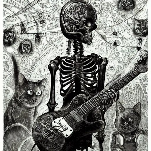 Image similar to skeleton wearing headphones, watching girl playing guitar while her black cat standing next to her, detailed intricate ink illustration, dark atmosphere, detailed illustration, hd, 4k, digital art, overdetailed art, by greg rutkowski, by loish, complementing colors, Trending on artstation