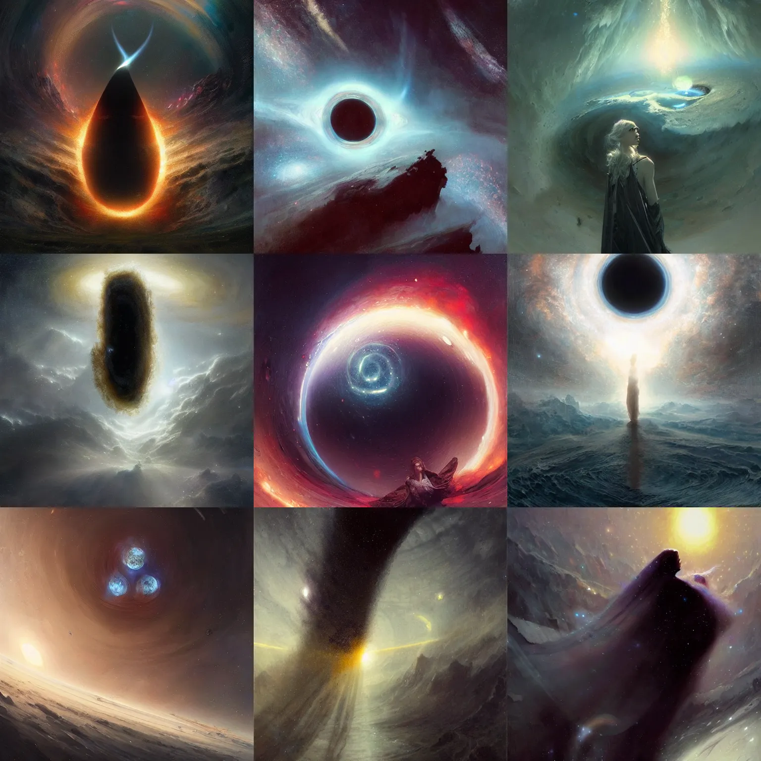 Prompt: a supermassive black hole with a bright accretion disk, beautiful, painterly, Greg Rutkowski, intricate, Edgar Maxence and Ross Tran, wondrous, religious, space, transcendent