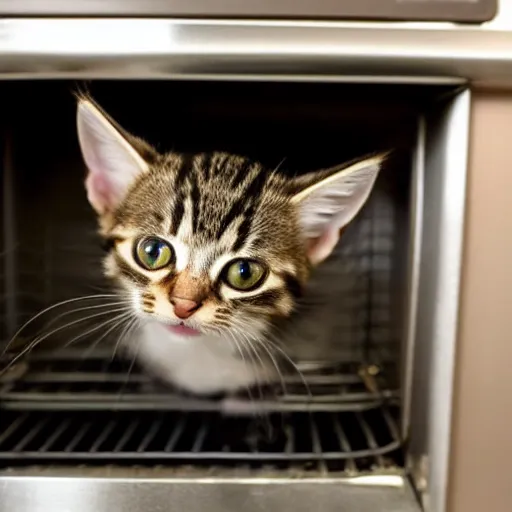 Image similar to a tabby kitten inside a kitchen oven looking at camera