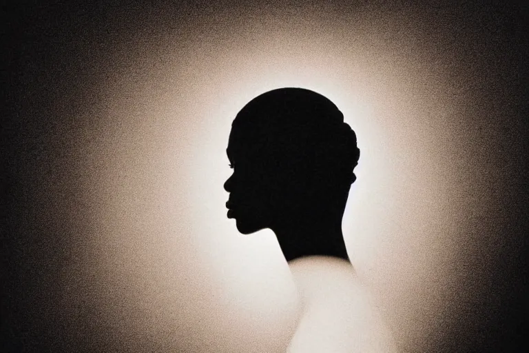Prompt: a silhouette of a woman with a sun halo on her head, an album cover by carrie mae weems, trending on pinterest, afrofuturism, chiaroscuro, studio lighting, dramatic lighting