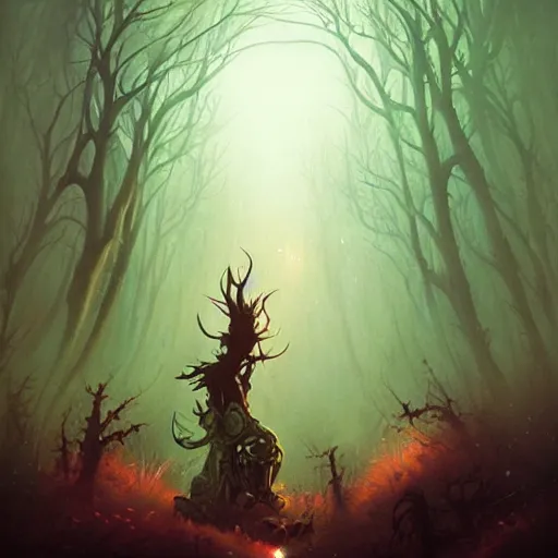 Prompt: A monster in a dark forest, Peter Mohrbacher