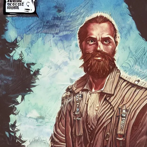 Image similar to beautiful portrait of a young bearded man, in the style of Enki Bilal and Joe Jusko and Alex Ross