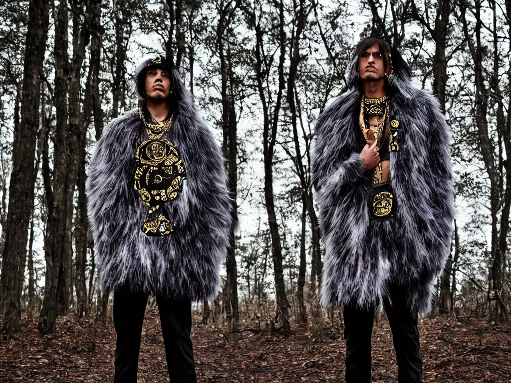 Image similar to versace avant garde oversized jacket arctic fur silver bear necklace textiles streetwear cyberpunk indigenous commanche descendant in the woods overcast late evening dramatic professional color 8 k hdr