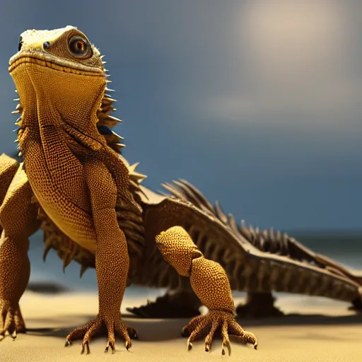 Image similar to a highly detailed beautiful anthropomorphic robot bearded dragon with smooth and streamlined armor, doing an elegant pose on the beach, artstation, DeviantArt, professional, octane render