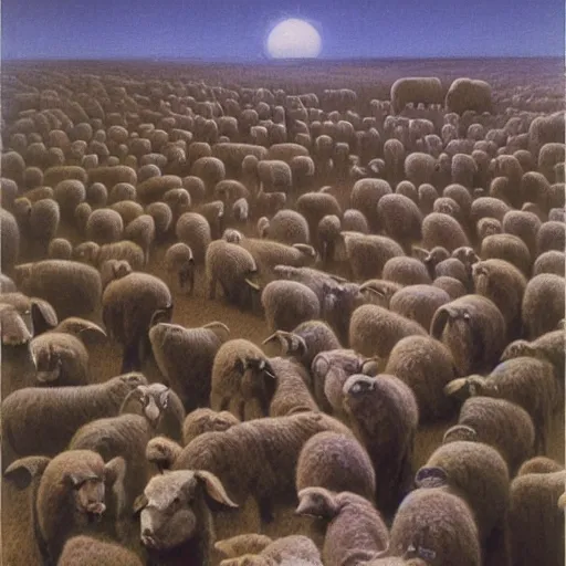 Image similar to sheeps in a farm after nuclear winter by zdzisław beksinski