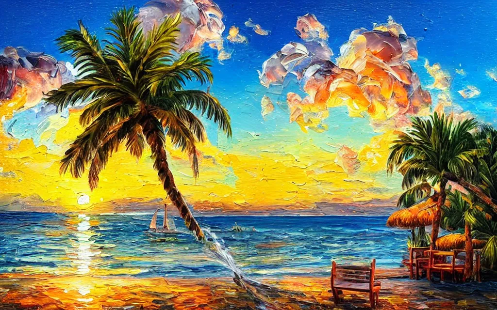 Image similar to a sea with a tiny island with a cute cozy cottage with a terrace, a paved garden courtyard with benches and a fountain, palm trees, river, sunset, puffy clouds, dramatic and dynamic lighting, thick brush strokes oil impasto painting