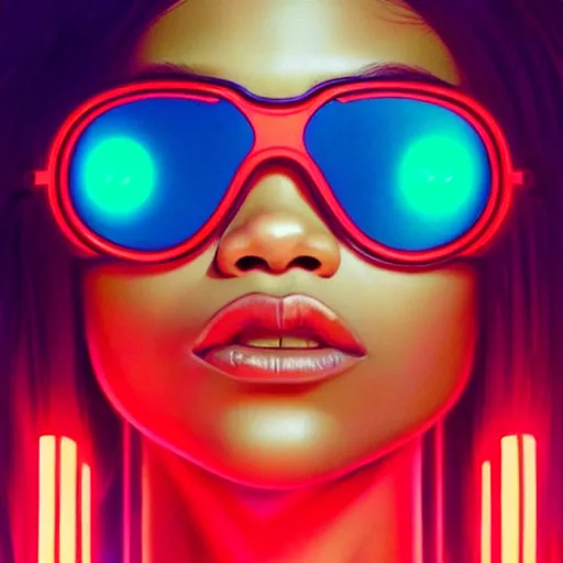 Image similar to zendaya wearing opaque reflective goggles profile picture by Greg Rutkowski, brown skin, very long hair, dune, asymmetrical, futuristic, neon volumetric lights, cool colors, streetwear, studio ghibli, Organic Painting , Matte Painting, geometric shapes, hard edges, street art, trending on the artstation, fantasy LUT, realistic by Sachin Teng + Martin Grip + Moebius, techwear, Industrial Scifi, detailed illustration, character portrait,