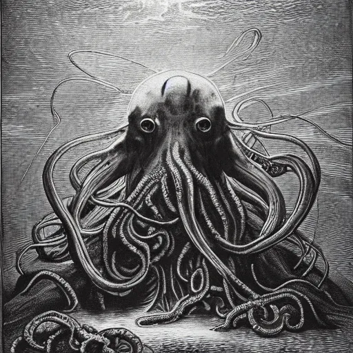 Prompt: a portrait of cthulhu, illustration by Gustave Doré