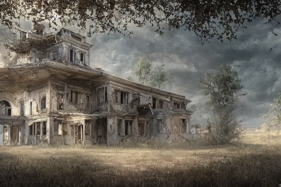 Prompt: A hyperrealistic concept art of a beautiful abandoned village house in the Russian steppe, stunning massive ornately 3d render inspired art by Renato muccillo and Andreas Rocha and Johanna Rupprecht, natural volumetric lighting, 8k octane beautifully detailed render, post-processing, highly detailed, intricate complexity, epic composition, magical atmosphere, cinematic lighting, masterpiece, trending on artstation