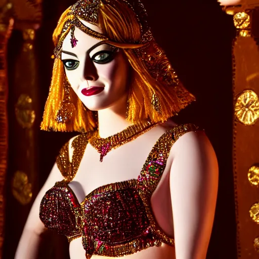 Image similar to a portrait of emma stone dressed as a belly dancer, arabian night, high quality, fully detailed, 4 k, in focus face with fine details, realistic hand details and anatomy