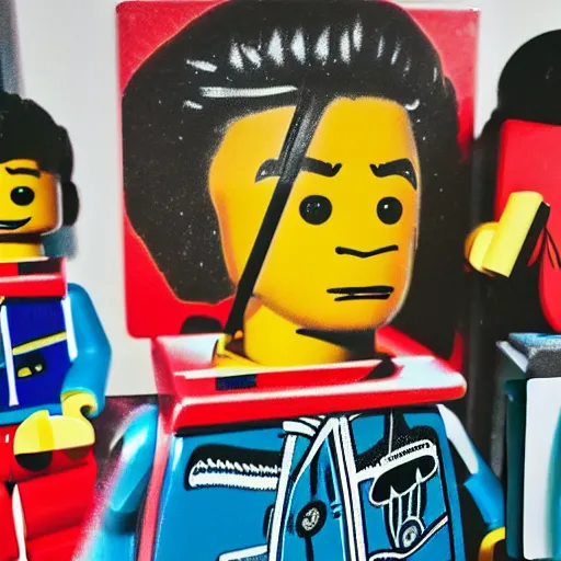 Image similar to studio lightning, macro lens photo, lego minifigures of Andy Warhol and Basquiat are painting on canvas