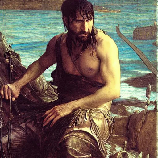 Image similar to trent reznor as a pirate king, god of the ocean by edgar maxence and caravaggio and michael whelan and delacroix