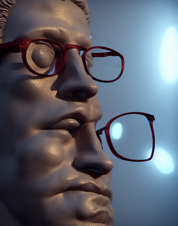 Prompt: renaissance statue of man, glasses on face, 3 d model, octane rendered, unreal engine 5, rtx reflections, neon glow