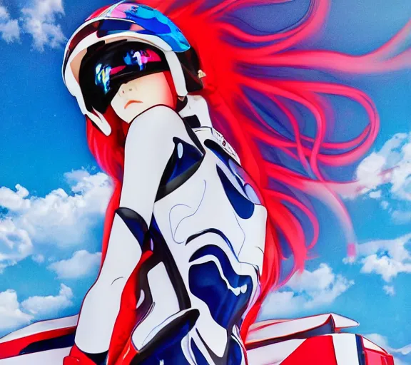 Image similar to billboard advertisement with an extremely beautiful photo of a white marble statue of an anime girl with colorful motocross logos and motorcycle helmet with closed visor, colorful smoke in the background, carved marble statue, fine art, neon genesis evangelion, virgil abloh, offwhite, denoise, highly detailed, 8 k, hyperreal