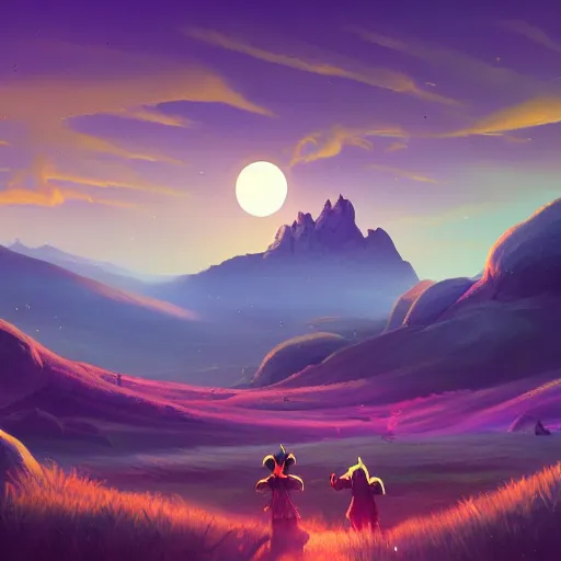 Prompt: fantasy art of open grassland with tall mountains in the distance at night by rhads, artem chebokha, starry night, full moon, pastel tones, highly detailed, video game concept art, volumetric lighting, 4 k, 8 k, blender, trending on artstation