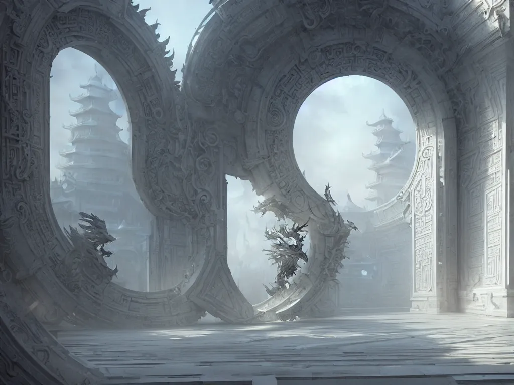 Image similar to circular gate in a white wall, leading to heaven. chinese architecture. fantasy. detailed. smooth. sharp focus. trending on artstation. artist greg rutkowski.