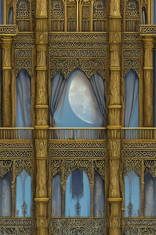 Prompt: ancient silver tower of the moon, distance view, fairytale illustration, elaborate carved latticed balconies, tall windows, moorish architecture, formal gardens, dramatic cinematic lighting, soft colors, golden age illustrator, unreal engine