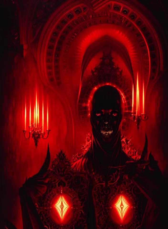 Prompt: symmetry!! portrait of a demonic man, gothic outfit, blood colored glowing lights!! evil atmosphere, intricate, elegant, highly detailed, digital painting, artstation, symmetric concept art, smooth, sharp focus, illustration, art by artgerm and greg rutkowski and alphonse mucha, 8 k