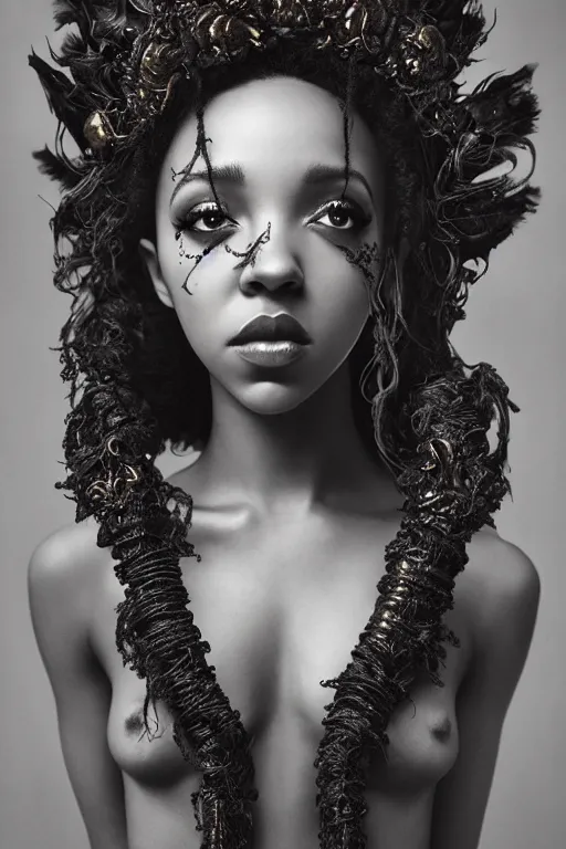 Image similar to a photorealistic portrait of tinashe as mysterious dark goddess of death, realism, clouds, swirling fabric, elaborate ornate growth, gilded relief, trending on artstation, by alessio albi