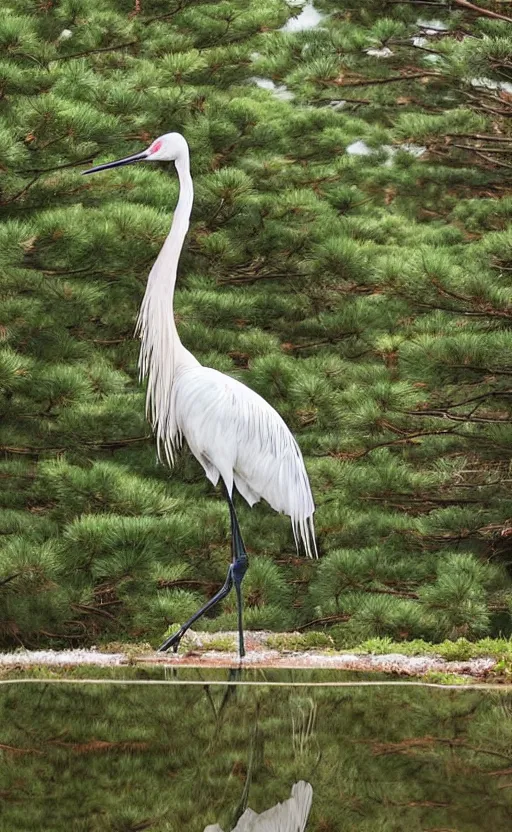 Prompt: portrait photo of a japense crane next to a forest of japanese pines and a lake, highly detailed, high resolution, national geographic photo, stunning, bokeh soft, 100mm, trending on instagram, by professional photographer, shot with a canon, low saturation