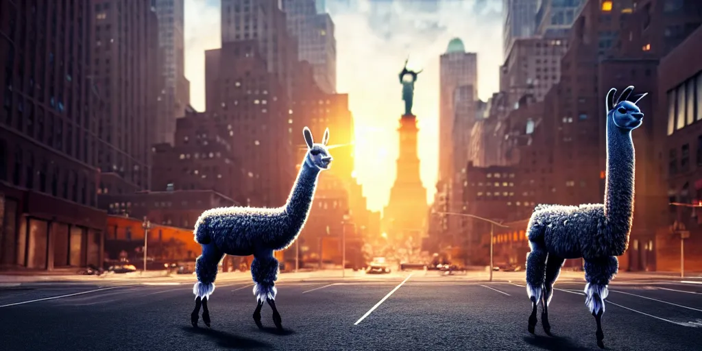 Image similar to a llama walking through a desolate manhattan city street at night, statue of liberty seen in the background, realistic 4 k octane beautifully detailed render, 4 k post - processing, highly detailed, detailed face, intricate complexity, epic composition, magical atmosphere, cinematic lighting, masterpiece, color picture, ultra hd