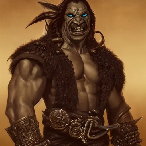 Prompt: portrait of a hulking herculean orc demon pirate rogue thief, male, masculine, upper body, belt of skulls, fantasy, frown,, intricate, elegant, highly detailed, digital painting, artstation, concept art, matte, sharp focus, illustration, art by artgerm and greg rutkowski and alphonse mucha