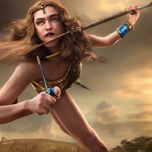 Image similar to Greek goddess Athena fighting with stupidity, stupidity is represented by internet influencers, realistic person, spear in the right hand, long hair, natural look, realistic photography, hyper realistic, highly detailed, 4k, battle landscape