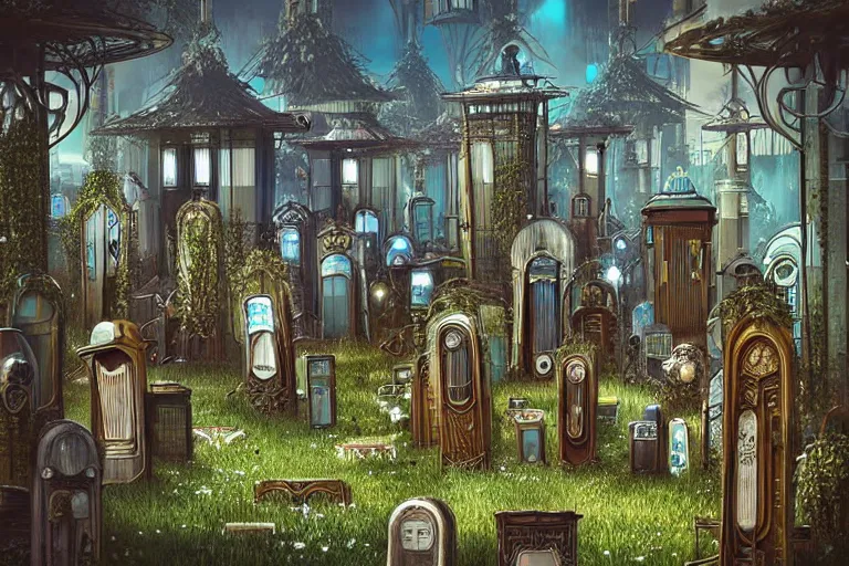 Image similar to elegance futuristic watery favela graveyard honeybee hive, art nouveau environment, industrial factory, award winning art, epic dreamlike fantasy landscape, ultra realistic,