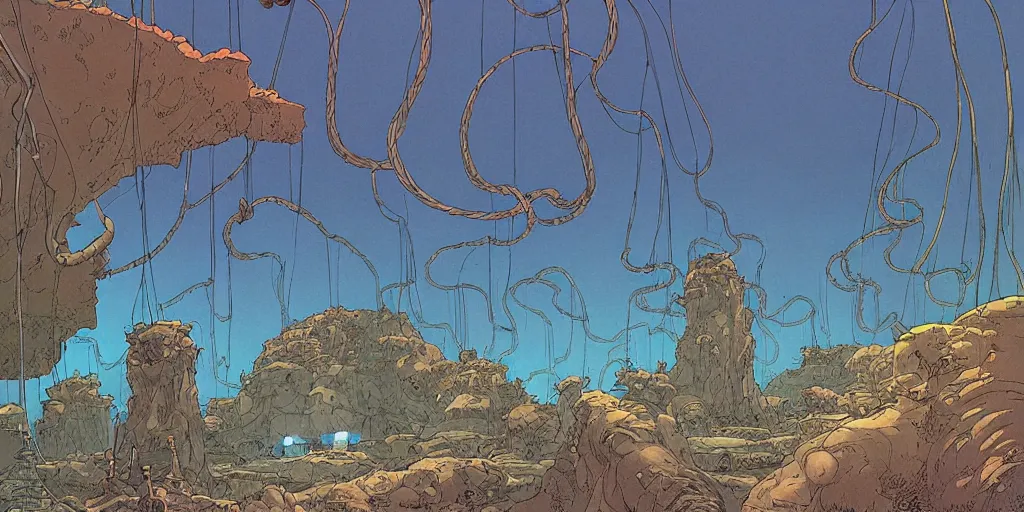 Prompt: vast natural cave with bizarre creatures in huge experimental tanks , cables hanging from ceiling, thick cables on ground, ground perspective, computer screens, neons, top light , epic scene, 8k, illustration, art by ghibli moebius, comics art