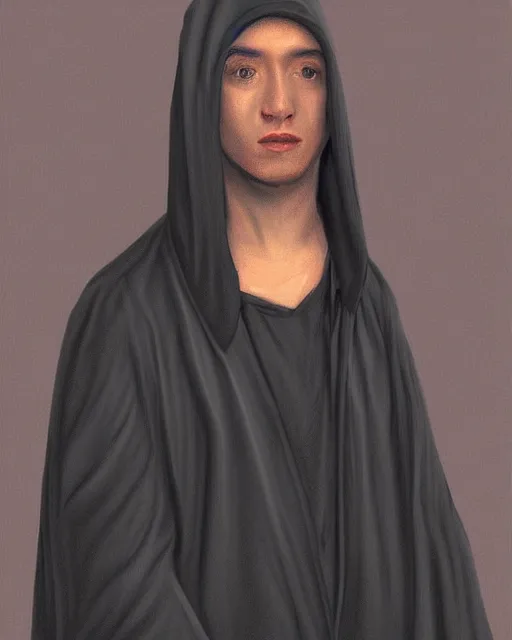 Prompt: digital art portrait of a young man in dark robes, hooded