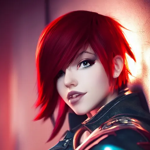 Prompt: a girl with short red hair, cool, vi from arcane, league of legends, fighter, cool red jacket, tattoo, beautiful, 3 d, potrait, art staion, studio light, closeup shot, octane render, wlop - n 9