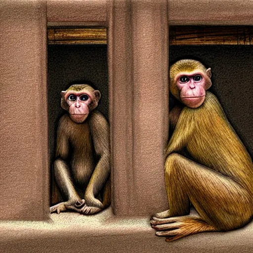 Prompt: two macaques looking at each other inside ancient medieval house, digital art, soft shadows, creepy art, drawn by shadman