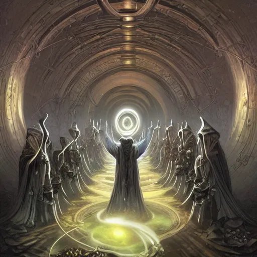 Image similar to a quantum computer surrounded by a dark cabal of hooded elven mystics gathered in a circular formation, michael whelan art, dan seagrave art, cgsociety, artstation, epic scifi fantasy art