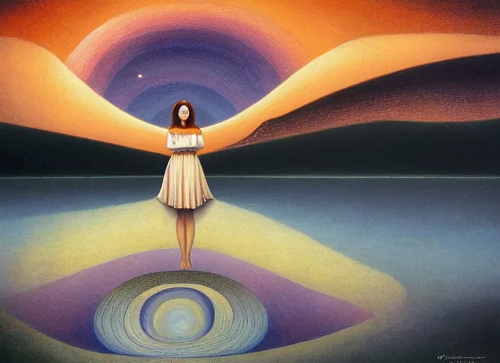 Image similar to A portrait of a woman standing by a cosmic lake, by Octavio Ocampo, reflection, symbolist, soft colors, dramatic lighting, smooth, sharp focus, extremely detailed, aesthetically pleasing composition