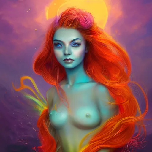 Image similar to a beautiful stunning interesting detailed fantasy whimsical matte digital portrait illustration of a mermaid with turqoise hair, yellow-orange and red-violet sunset, spectacular sunset, a painting by Ross Tran, trending on artstation hq, contest winner