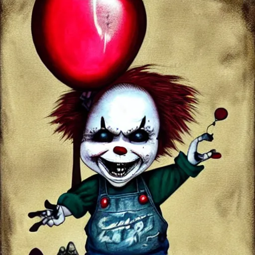 Image similar to grunge cartoon painting of chucky with a wide smile and a red balloon by chris leib, loony toons style, pennywise style, corpse bride style, horror theme, detailed, elegant, intricate