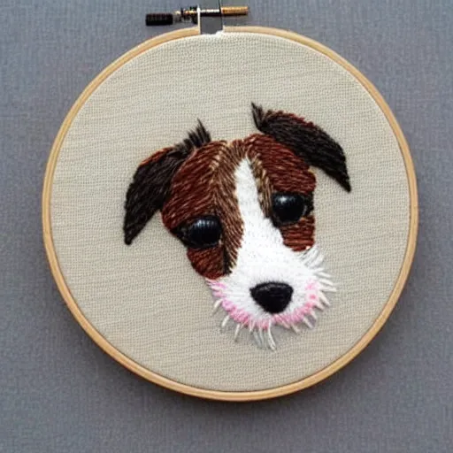 Prompt: a tiny beautiful handmade embroidery of a cute long haired wire haired jack russell terrier puppy, white with brown spots and patches over both eyes. hand embroidery.