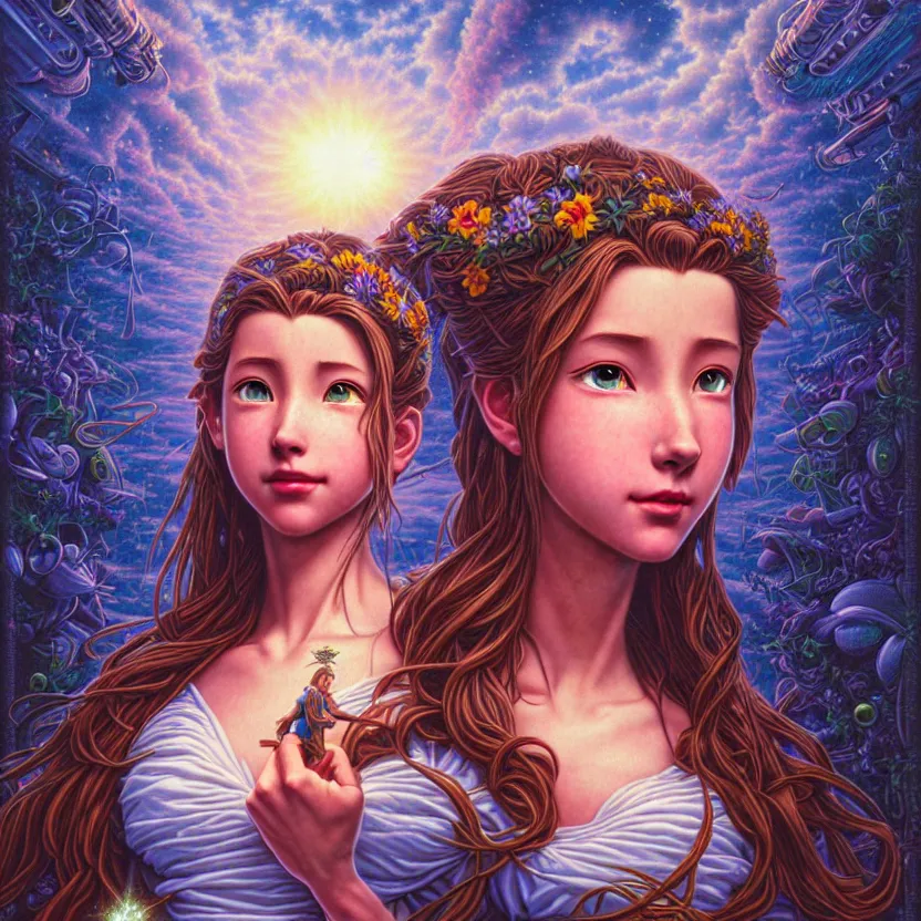 Prompt: a photorealistic detailed image of aerith gainsborough, science, divinity, utopian, triumphant, cinematic, epic, grandiose, moody, mathematics, futuristic, by jason felix, dan mumford, kinkade, lisa frank, wpa, public works mural, socialist