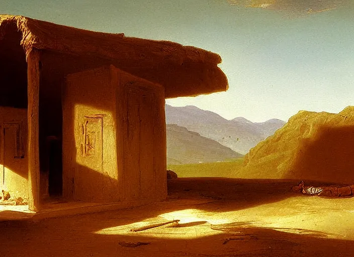 Image similar to painting of a sigeru ban house in the desert by thomas cole