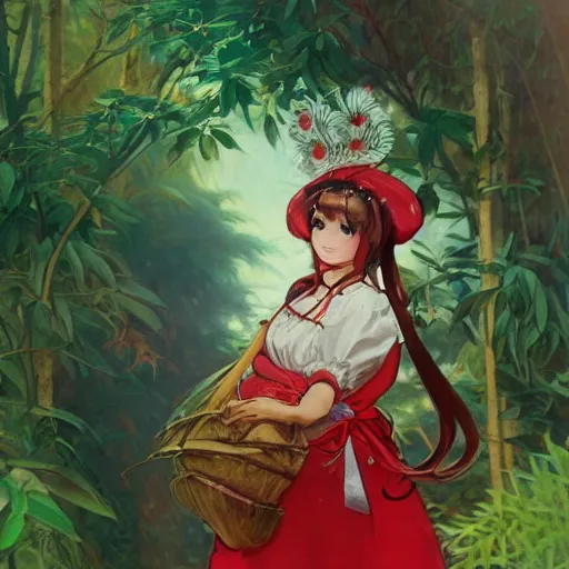 Prompt: a mucha alphonse of reimu in the jungle wearing bonnet