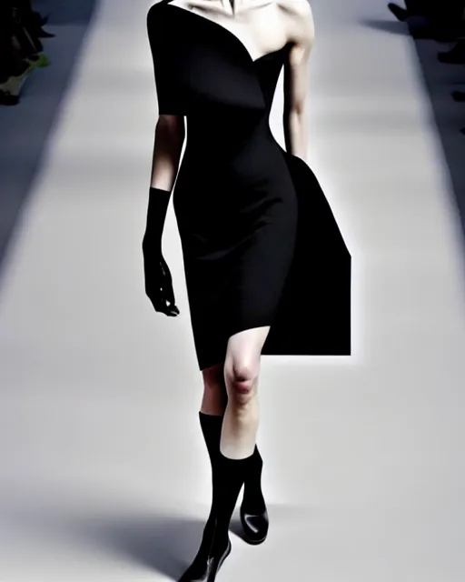 Image similar to a model walks down the runway in a black dress, a cubist painting by alexander mcqueen, trending on pinterest, vorticism, androgynous, biomorphic, geometric