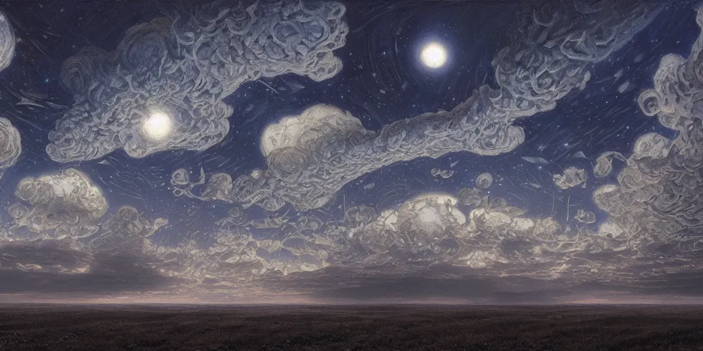 Prompt: the cloudy moonlit sky, landscape art by donato giancola and greg rutkowski, digital art, trending on artstation, symmetry!!, volumetric lighting, hdr, starry night, high contrast