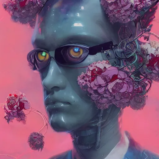 Image similar to surreal gouache painting, by yoshitaka amano, by ruan jia, by conrad roset, by kilian eng, by good smile company, detailed anime 3 d render of a mechanical android head with flowers growing out, portrait, cgsociety, artstation, modular patterned mechanical costume and headpiece, retrowave atmosphere