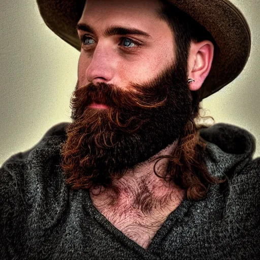 Prompt: bearded beautiful man by joshua miels