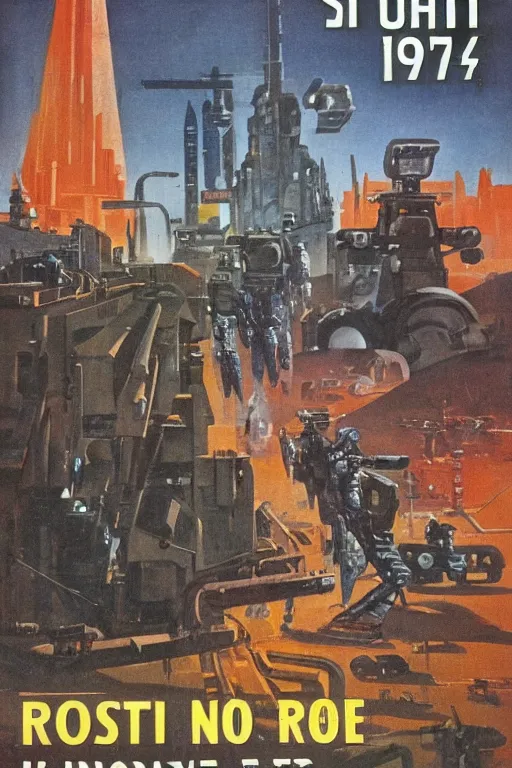 Image similar to a 1971 sci fi paperback cover illustrated by Vincent Di Fate showing robots in a post apocalyptic city